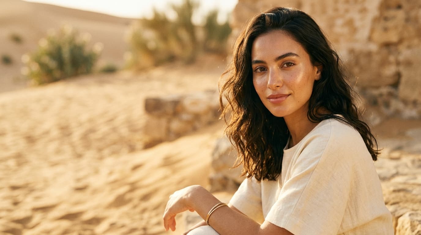 Photo éditoriale plein écran — modèle marocaine, lumière dorée